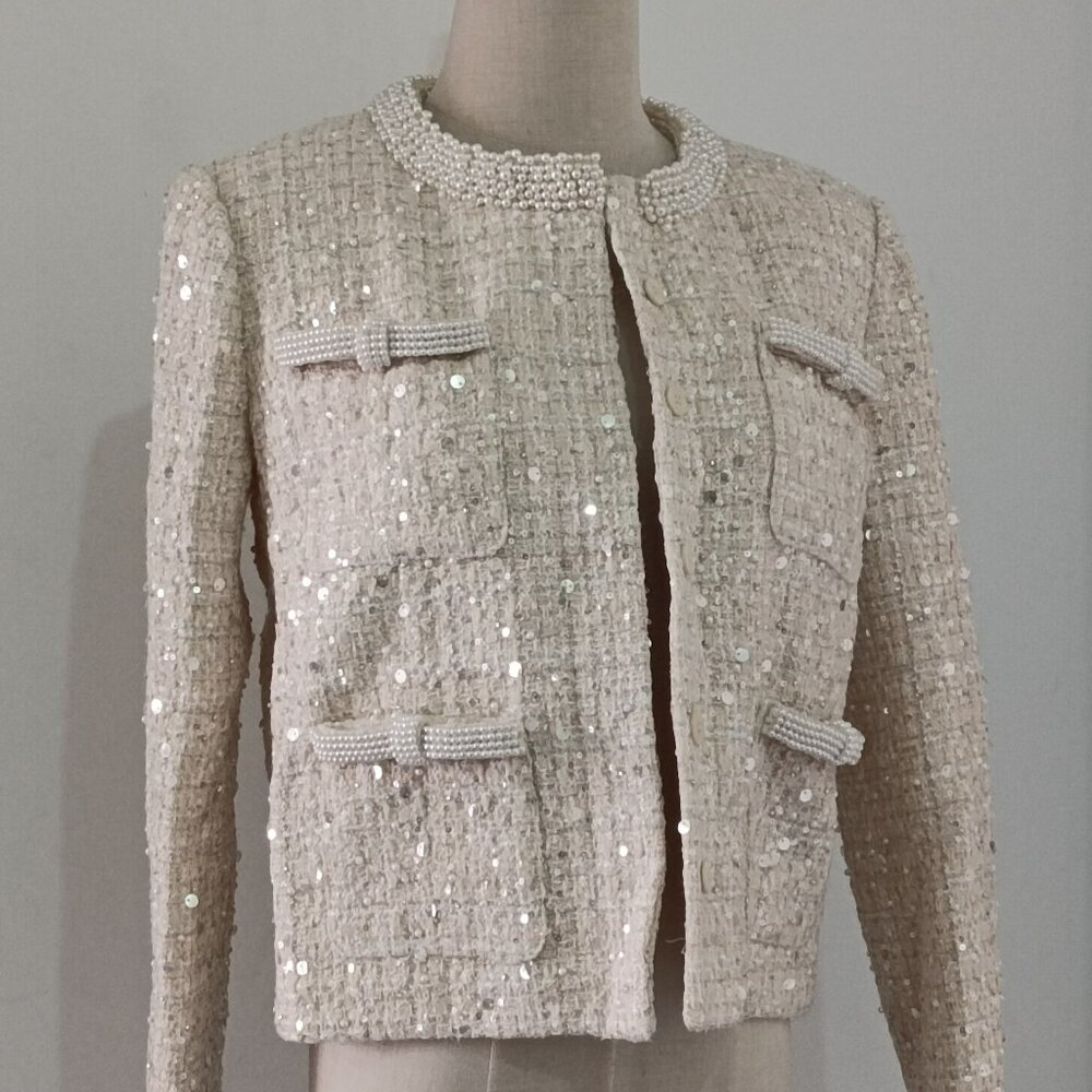 Self-Portrait Cream Embellished Boucle Jacket